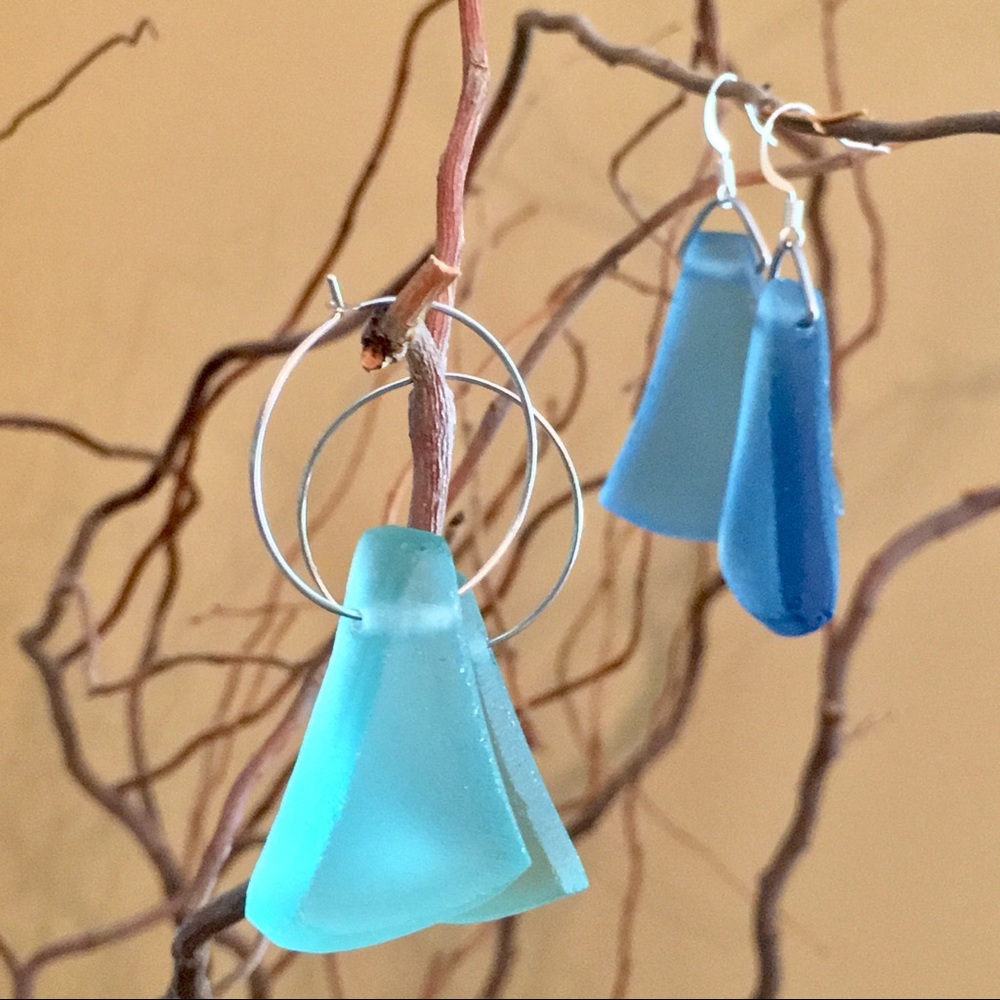 Sea glass wedge earrings glow blue and turquoise